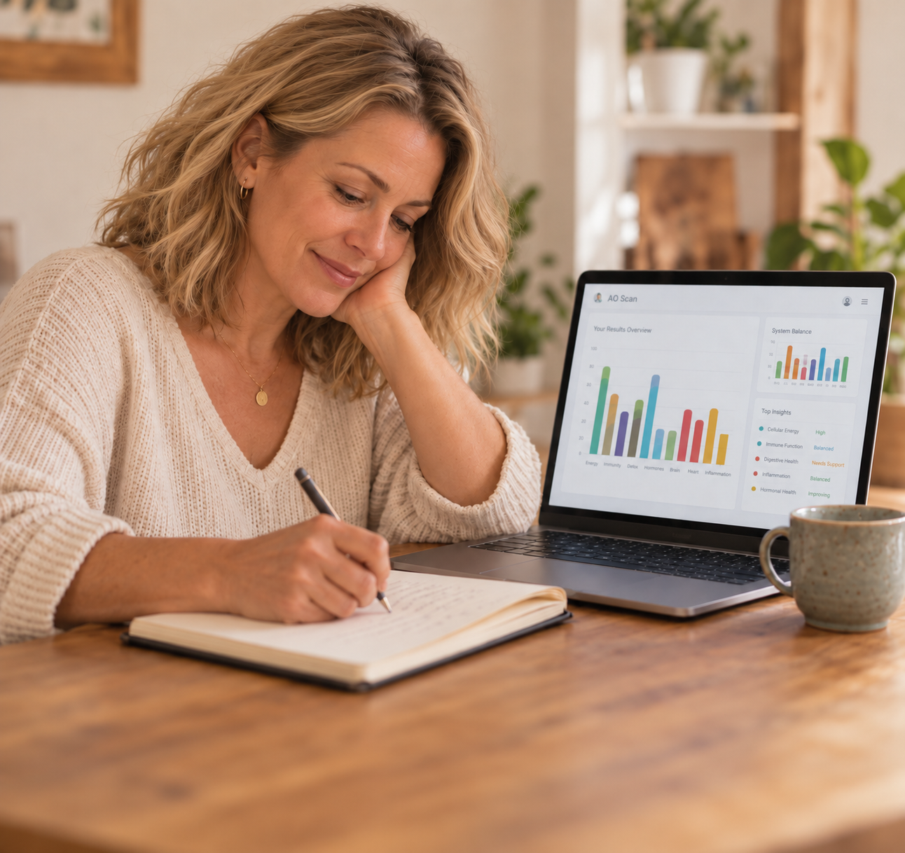 Woman writing in a notebook beside a laptop displaying AO Scan results in a warm, plant-filled home setting.